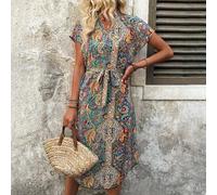 Maxikleid für Damen im Sommer-Urlaub-Look mit Paisley-Muster, Ausschnitt mit Kerbe und Fledermausärmeln