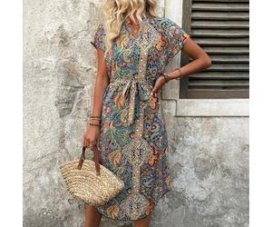 Maxikleid für Damen im Sommer-Urlaub-Look mit Paisley-Muster, Ausschnitt mit Kerbe und Fledermausärmeln