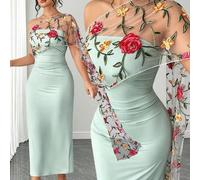 Maxikleid in Große Größen für Damen aus gestricktem Stoff mit bestickter Mesh-Patchwork-Optik, ärmellos, körperbetont, mit Schlitz am Saum, locker ges