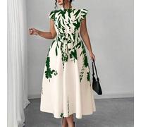 Maxikleid in Große Größen mit Blumenmuster und Rüschenbesatz, elegant, beige, Sommer, Hochzeitsgast, betont die Figur, geeignet für Urlaub, Strandpart