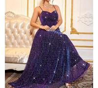 Maxikleid in Große Größen mit Spaghettiträgern, Frauen lila plissiertes glänzendes silbernes Lurex-Stoff Spaghettiträger Kleid mit Schal, Rüschenärmel