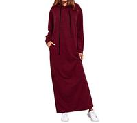 Maxikleid Langarm Damen Long Hoodie Lose Freizeitkleider Herbst Winter,Kanpola Lang T-Shirt-Kleid Einfarbig Sweatkleid mit Tunnelzug Longshirt V-Ausschnitt Kapuzenpullover