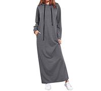 Maxikleid Langarm Damen Long Hoodie Lose Freizeitkleider Herbst Winter,Kanpola Lang T-Shirt-Kleid Einfarbig Sweatkleid mit Tunnelzug Longshirt V-Ausschnitt Kapuzenpullover