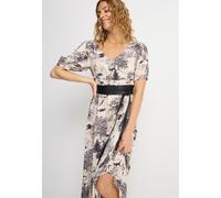 Maxikleid LASCANA, Damen, Gr. 40, N-Gr, beige (schwarz, creme bedruckt), Web, Obermaterial: 100% Viskose, bedruckt, figurumspielend knöchellang, V-Ausschnitt, Puffärmel, Kleider Maxikleid, mit Allover