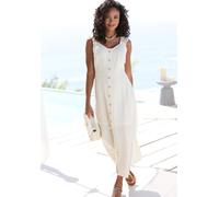 Maxikleid LASCANA, Damen, Gr. 42, N-Gr, beige (creme), Web, Obermaterial: 85% Viskose, 15% Leinen. Futter: 100% Polyester, unifarben, modisch, figurumspielend knöchelfrei, Rundhals, ohne Ärmel, Kleide