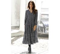 Maxikleid LASCANA, Damen, Gr. 42, N-Gr, beige (schwarz, creme, bedruckt), Web, Obermaterial: 100% Viskose, geblümt, bedruckt, modisch, figurumspielend knöchelfrei, V-Ausschnitt, Langarm mit Gummizug, 