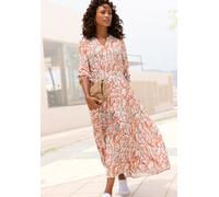 Maxikleid LASCANA, Damen, Gr. 42, N-Gr, bunt (bunt bedruckt), Web, Obermaterial: 100% Viskose, bedruckt, figurumspielend lang, V-Ausschnitt, mit Gummizug, Kleider Maxikleid, mit Alloverprint und Volan