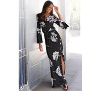 Maxikleid LASCANA, Damen, Gr. 48, N-Gr, schwarz-weiß (schwarz, creme, bedruckt), Jersey, Obermaterial: 100% Viskose, bedruckt, figurumspielend bodenlang, Rundhals, Volant, Kleider Maxikleid, mit Blume