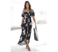 Maxikleid LASCANA "im angesagten Vokuhila-Schnitt und Carmenausschnitt", Damen, Gr. 36, N-Gr, schwarz (schwarz, bedruckt), Web, Obermaterial: 100% Viskose, bedruckt, figurumspielend knöchellang, Carme