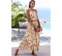 Maxikleid LASCANA "mit Alloverdruck aus leichter Webware", Damen, Gr. 34, N-Gr, beige (sand, taupe bedruckt), Web, Obermaterial: 100% Viskose, bedruckt, figurumspielend lang, amerikanischer Ausschnitt