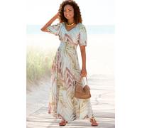 Maxikleid LASCANA "mit Alloverdruck und V-Ausschnitt aus Webware", Damen, Gr. 42, N-Gr, orange (sand, orange bedruckt), Web, Obermaterial: 100% Viskose, bedruckt, figurumspielend knöchellang, tiefer V