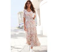 Maxikleid LASCANA "mit Alloverdruck und V-Ausschnitt aus Webware", Damen, Gr. 48, N-Gr, bunt (bunt bedruckt), Web, Obermaterial: 100% Viskose, bedruckt, figurumspielend knöchellang, V-Ausschnitt, Puff