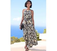 Maxikleid LASCANA "mit Alloverprint und Knopfleiste hinten, aus gewebter Viskose", Damen, Gr. 38, N-Gr, bunt (schwarz, grau, gelb bedruckt), Web, Obermaterial: 100% Viskose, bedruckt, figurumspielend