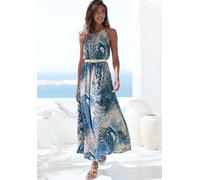Maxikleid LASCANA "mit Animalprint und Knopfleiste hinten, aus gewebter Viskose", Damen, Gr. 42, N-Gr, blau (blau bedruckt), Web, Obermaterial: 100% Viskose, bedruckt, figurumspielend bodenlang, ameri