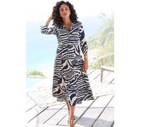 Maxikleid LASCANA "mit Animalprint und kurzer Knopfleiste aus Webware, 3/4-Ärmel", Damen, Gr. 42, N-Gr, blau (creme, graublau bedruckt), Web, Obermaterial: 100% Viskose, bedruckt, figurumspielend knöc