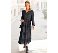 Maxikleid LASCANA Gr. 34, N-Gr, schwarz (grau, schwarz, bedruckt) Damen Kleider Strandkleider mit Alloverprint und Volants, langärmlig, Druckkleid, casual-chic (37898524-34)