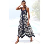 Maxikleid LASCANA "mit asymmetrischem Saum aus Viskosejersey", Damen, Gr. 40, N-Gr, beige (creme, graublau bedruckt), Single Jersey, Obermaterial: 100% Viskose, bedruckt, figurumspielend bodenlang, ti