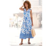 Maxikleid LASCANA "mit Blumenprint und kurzer Knopfleiste", Damen, Gr. 40, N-Gr, ohne Ärmel, Web, blau (blau, creme bedruckt), Web, Obermaterial: 100% Viskose, bedruckt, geblümt, figurumspielend lang,