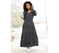 Maxikleid LASCANA, Damen, Gr. 44, N-Gr, beige (schwarz, creme, bedruckt), Web, Obermaterial: 100% Viskose, bedruckt, geblümt, figurumspielend knöchelfrei, V-Ausschnitt, mit Gummizug, Kleider Maxikleid