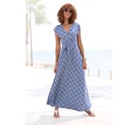 Maxikleid LASCANA, Damen, Gr. 44, N-Gr, blau (blau bedruckt), Single Jersey, Obermaterial: 100% Viskose, bedruckt, modisch, figurumspielend lang, tiefer V-Ausschnitt, ohne Ärmel, Kleider, mit Bindegür