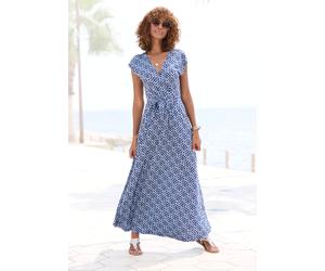 Maxikleid LASCANA "mit Gummizug in der Taille und Bindegürtel, Alloverdruck", Damen, Gr. 46, N-Gr, blau (blau bedruckt), Single Jersey, Obermaterial: 100% Viskose, bedruckt, figurumspielend lang, tief