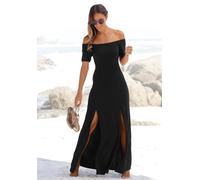 Maxikleid LASCANA, Damen, Gr. 42, N-Gr, schwarz, Jersey, Obermaterial: 95% Polyester, 5% Elasthan, figurumspielend bodenlang, Carmenausschnitt, Kleider Maxikleid, mit langen Beinschlitzen und Carmenau