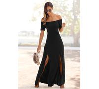 Maxikleid LASCANA, Damen, Gr. 44, N-Gr, schwarz, Jersey, Obermaterial: 95% Polyester, 5% Elasthan, figurumspielend bodenlang, Carmenausschnitt, Kleider Maxikleid, mit langen Beinschlitzen und Carmenau