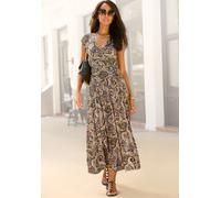 Maxikleid LASCANA "mit Paisleydruck aus weicher Viskoseware", Damen, Gr. 38, N-Gr, braun (schwarz, orange bedruckt), Jersey, Obermaterial: 100% Viskose, bedruckt, figurumspielend knöchelfrei, tiefer V