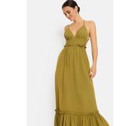 Maxikleid LSCN BY LASCANA, Damen, Gr. 34, N-Gr, ohne Ärmel, Web, grün moss, Web, Obermaterial: 58% Viskose, 28% Baumwolle, 14% Leinen, unifarben, figurbetont knöchellang, tiefer V-Ausschnitt, Kleider