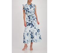 Maxikleid MONARI, Damen, Gr. 40, N-Gr, blau (blau gebl), Web, Obermaterial: 50% Leinen, 50% Viskose, geblümt, regular fit lang, Rundhals, Kleider Maxikleid, Regular fit mit Volants (42256018-40)