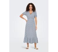 Maxikleid ONLY "ONLCHIANTI S/S LONG DRESS WVN NOOS", Damen, Gr. XS, N-Gr, cloud dancer aop:smith blau graphic, Web, Obermaterial: 100% Viskose, bedruckt, regular fit knöchellang, V-Ausschnitt, Kleider