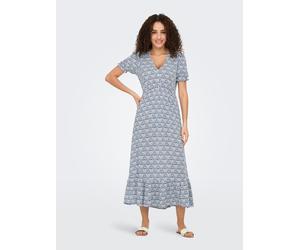 Maxikleid ONLY "ONLCHIANTI S/S LONG DRESS WVN NOOS", Damen, Gr. XS, N-Gr, cloud dancer aop:smith blau graphic, Web, Obermaterial: 100% Viskose, bedruckt, regular fit knöchellang, V-Ausschnitt, Kleider