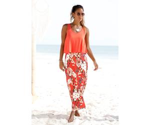 Maxikleid S.OLIVER, Damen, Gr. 48, N-Gr, koralle, bedruckt, Jersey, Obermaterial: 100% Viskose, figurumspielend bodenlang, Rundhals, Kleider Maxikleid, im Lagen-Look mit Blumenprint, Sommerkleid, Stra
