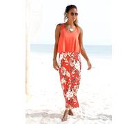 Maxikleid S.OLIVER "im Lagen-Look mit Blumenprint", Damen, Gr. 48, N-Gr, orange (koralle, bedruckt), Jersey, Obermaterial: 100% Viskose, figurumspielend bodenlang, Rundhals, Kleider Maxikleid, lockere