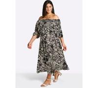 Maxikleid SHEEGO "Maxikleid", Damen, Gr. 56, Normalgrößen, schwarz-weiß (schwarz, sand, bedruckt), 100% Viskose, geblümt, gemustert, lang, Carmenausschnitt, Kleider Maxikleid (84216516-56) schwarz, sa