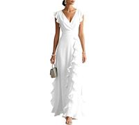 Maxikleid Sommerkleid Damen Leicht und Luftig Kleid Elegant Festlich Hochzeit Gast V Ausschnitt Chiffon Lang A Linie XXL White
