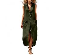 Maxikleid Stehkragen Sommerkleid Knöpfe Freizeitkleid Mit Taschen Strandkleid Ärmellos Locker Alltag Casual Freizeit Army Green XL
