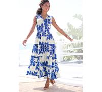 Maxikleid VIVANCE, Damen, Gr. 40, N-Gr, blau (creme, blau bedruckt), Web, Obermaterial: 100% Viskose, bedruckt, modisch, figurumspielend knöchelfrei, V-Ausschnitt, ohne Ärmel, Kleider, mit Volants, So