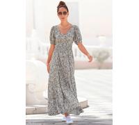 Maxikleid VIVANCE "mit Blümchendruck und V-Ausschnitt", Damen, Gr. 34, N-Gr, grau (grau, bedruckt), Web, Obermaterial: 100% Viskose, geblümt, figurbetont bodenlang, tiefer V-Ausschnitt, Puffärmel mit