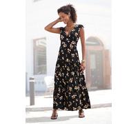 Maxikleid VIVANCE "mit V-Ausschnitt und Blumendruck", Damen, Gr. 44, N-Gr, schwarz (schwarz, koralle bedruckt), Jersey, Obermaterial: 100% Viskose, bedruckt, figurbetont lang, V-Ausschnitt, Kleider Ma