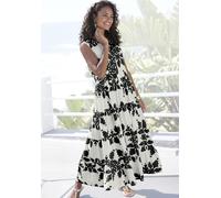 Maxikleid VIVANCE "mit Volants und Alloverdruck", Damen, Gr. 36, N-Gr, beige (creme, schwarz bedruckt), Web, Obermaterial: 100% Viskose, bedruckt, figurumspielend knöchelfrei, V-Ausschnitt, Kleider Ma