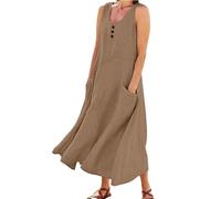 Maxikleider Damen Lange Einfarbig Baumwolle Leinen Kleid Swing mit Taschen Strandkleid Urlaubs Kleid Lässig Locker Freizeitkleid Tshirtkleid Sommerkleid Leicht und Luftig(A3-Coffee, XXXXXL)