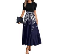 Maxikleider Damen Sommer Bohemian Kleid Elegant Damen Festlich Blumen Volant-Kleid Maxi Empirestil Skaterkleid Mit Ärmel Volantkleider A-Linien High Waist Binden Blumenkleid Kurzarm Schwingen