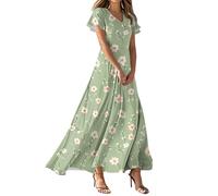 Maxikleider Damen Sommer Elegant Sommerkleid Damen Lang Mit Ärmel Blumenkleid Schicke Italienische Kleider A Linien Kleid Blumen V Ausschnitt Sommerkleider Leicht Und Luftig Strandkleid Party