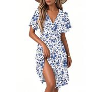 Maxikleider Damen Sommer, Sommerkleider Damen A-Linien Blumen Knielänge V Ausschnitt Kurz Flatterärmel Lässig Kleider für Frauen 2025 Sommer Urlaub mit Rüschen Ärmel C Royal Blue M