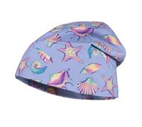 maximo Kids - Beanie für Mädchen, lila mit Muscheln und Seesternen, Jersey Bedruckt, UV 50, Made in Germany, Gr. 53