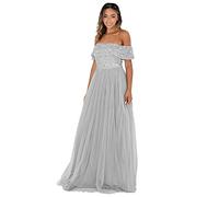 Maya Deluxe Abendkleid Damen Brautjungfernkleid Bardot Paillettenverzierung Abendkleid Elegant für Hochzeit Tüllkleid