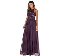 Maya Deluxe Damen Abendkleid Pailletten Cocktailkleid Tüllkleid Kleid Nackenband Elegant Für Hochzeit Brautjungfernkleid Bridesmaid Dress, Berry, 34 EU
