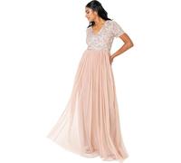 Maya Deluxe Damen Ballkleid Abendkleid V-Ausschnitt Maxi Länge Pailletten Kurze Ärmel für Hochzeit Geburtstag Brautjungfer Brautjungfernkleid, Taupe Blush, 54