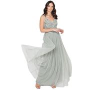 Maya Deluxe Damen Maxi Abendkleid Elegant Für Hochzeit Mit V-ausschnitt Tüllkleid Schleife Brautjungfernkleid, Green Lily, 34 EU